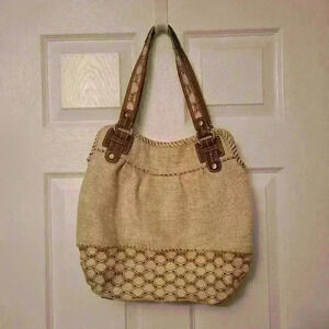 Fossil Cream Wicker Leather Straps Bohemian Purse  Satchel Handbag Shoulder Bag